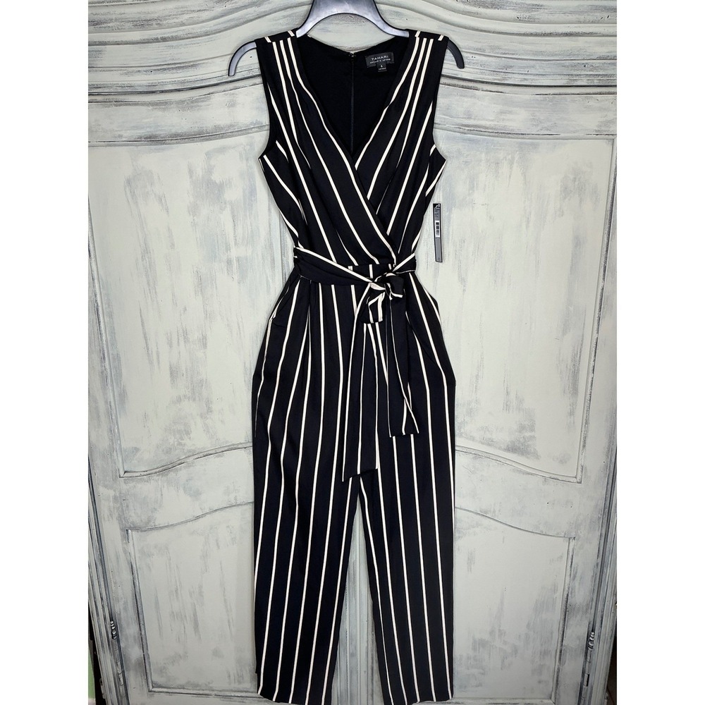 Tahari Jumpsuit Women 6 Black Sand Striped V-Neck Sleeveless Tie-Waist New - Picture 2 of 7